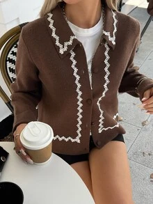 Livesso Autumn/Winter Coffee Brown Round Neck Button Cable Knit Long Sleeve Slim Fit Ribbed Cardigan For Women - Coffee Brown - View 5
