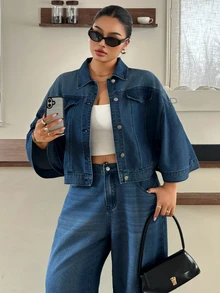 Dazy Plus Autumn Loose Street Casual Office Big Pocket Denim Jacket Straight Leg Pants Denim Set - Medium Wash - View 2
