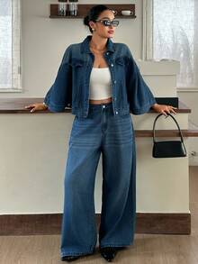 Dazy Plus Autumn Loose Street Casual Office Big Pocket Denim Jacket Straight Leg Pants Denim Set - Medium Wash - View 4