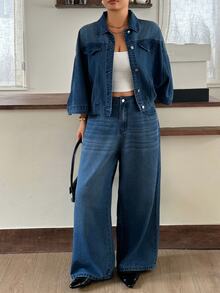Dazy Plus Autumn Loose Street Casual Office Big Pocket Denim Jacket Straight Leg Pants Denim Set - Medium Wash - View 5