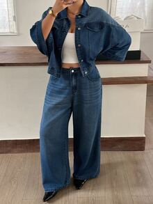 Dazy Plus Autumn Loose Street Casual Office Big Pocket Denim Jacket Straight Leg Pants Denim Set - Medium Wash - View 8