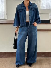 Dazy Plus Autumn Loose Street Casual Office Big Pocket Denim Jacket Straight Leg Pants Denim Set - Medium Wash - View 6