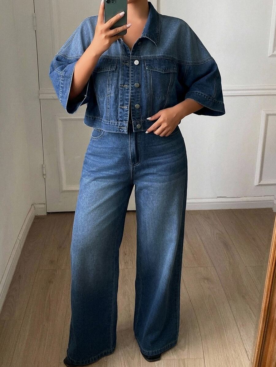Dazy Plus Autumn Loose Street Casual Office Big Pocket Denim Jacket Straight Leg Pants Denim Set - Medium Wash - View 1