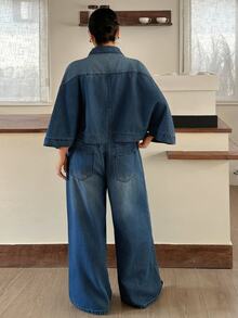 Dazy Plus Autumn Loose Street Casual Office Big Pocket Denim Jacket Straight Leg Pants Denim Set - Medium Wash - View 7