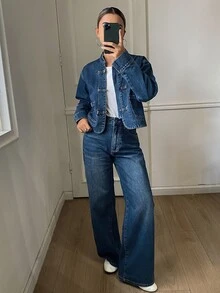 DAZY طقم جينز نسائي مغسول فضفاض كاجوال بتصميم أزرار على شكل ضفدع - أزرق متوسط - مشاهدة 3