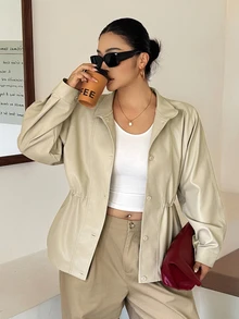 Dazy Plus Áo khoác thường niên mới mùa xuân/thu bằng da PU bo eo phong cách thường ngày cho mùa đông - Màu be - Xem 5