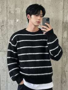 DAZY Men's Black And Silver Grey Striped Crew Neck Sweater With Ribbed Cuffs And Hem, Brushed, Autumn/Winter - Multicolor - View 4