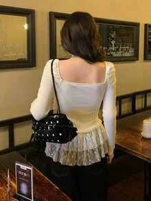 DAZY Women's Casual Ruffle Trim Long Sleeve Girlish Fresh Korean Style T-Shirt - White - View 2
