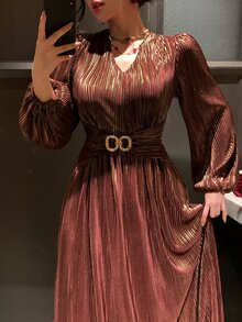 DAZY Women's Elegant Metal Buckle Ruched Waist Dress Fall - Burgundy - View 5