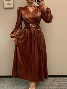 DAZY Women's Elegant Metal Buckle Ruched Waist Dress Fall - Burgundy - View 6