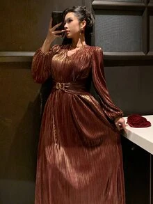 DAZY Women's Elegant Metal Buckle Ruched Waist Dress Fall - Burgundy - View 7