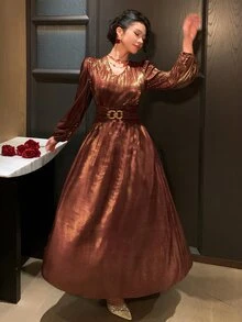DAZY Women's Elegant Metal Buckle Ruched Waist Dress Fall - Burgundy - View 9