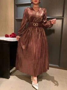 DAZY Women's Elegant Metal Buckle Ruched Waist Dress Fall - Burgundy - View 8