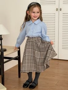 Dazy Kids Young Girl Plaid Casual Versatile Daily Skirt - Khaki - View 5