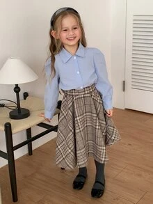 Dazy Kids Young Girl Plaid Casual Versatile Daily Skirt - Khaki - View 8