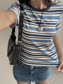 Livesso Women's Casual Striped Short Sleeve Round Neck T-Shirt, Autumn - Blue and White - View 3
