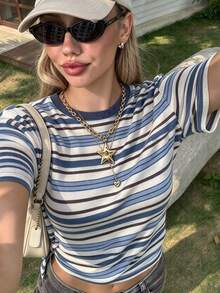 Livesso Women's Casual Striped Short Sleeve Round Neck T-Shirt, Autumn - Blue and White - View 6