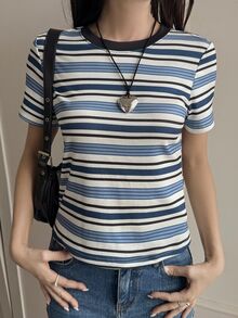 Livesso Women's Casual Striped Short Sleeve Round Neck T-Shirt, Autumn - Blue and White - View 2