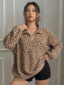 Livesso Curve Plus Size Women's Loose Leopard Print Half-Zip Pullover Sweatshirt, Long Sleeve Streetwear Style Winter - Khaki - View 7