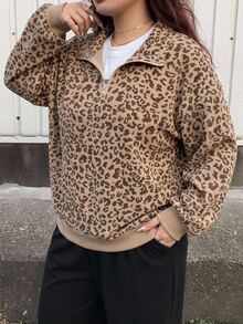 Livesso Curve Plus Size Women's Loose Leopard Print Half-Zip Pullover Sweatshirt, Long Sleeve Streetwear Style Winter - Khaki - View 2