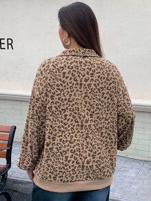Livesso Curve Plus Size Women's Loose Leopard Print Half-Zip Pullover Sweatshirt, Long Sleeve Streetwear Style Winter - Khaki - View 5