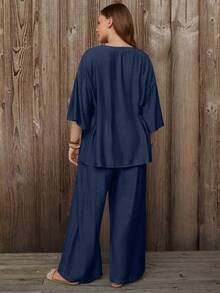 Linhara CURVE Women's Plus Size Solid Blue V-Neck Striped Pleated Drop Shoulder Sleeve Button-Up Top + Elastic Waist Wide Leg Pants Casual Everyday 2-Piece Set Spring Autumn - Navy Blue - View 2