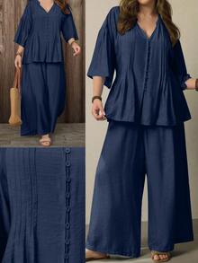 Linhara CURVE Women's Plus Size Solid Blue V-Neck Striped Pleated Drop Shoulder Sleeve Button-Up Top + Elastic Waist Wide Leg Pants Casual Everyday 2-Piece Set Spring Autumn - Navy Blue - View 1