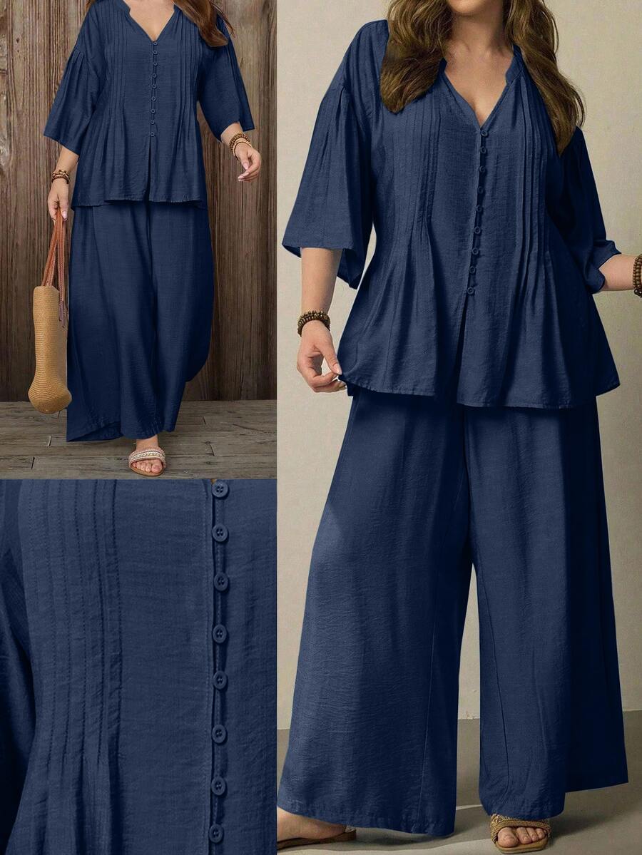 Linhara CURVE Women's Plus Size Solid Blue V-Neck Striped Pleated Drop Shoulder Sleeve Button-Up Top + Elastic Waist Wide Leg Pants Casual Everyday 2-Piece Set Spring Autumn - Navy Blue - View 1