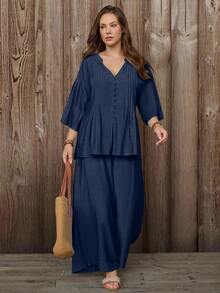 Linhara CURVE Women's Plus Size Solid Blue V-Neck Striped Pleated Drop Shoulder Sleeve Button-Up Top + Elastic Waist Wide Leg Pants Casual Everyday 2-Piece Set Spring Autumn - Navy Blue - View 6