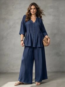 Linhara CURVE Women's Plus Size Solid Blue V-Neck Striped Pleated Drop Shoulder Sleeve Button-Up Top + Elastic Waist Wide Leg Pants Casual Everyday 2-Piece Set Spring Autumn - Navy Blue - View 3