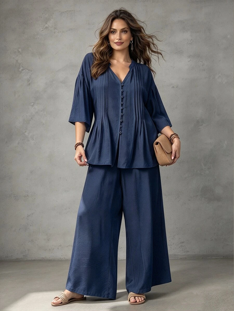 Linhara CURVE Women's Plus Size Solid Blue V-Neck Striped Pleated Drop Shoulder Sleeve Button-Up Top + Elastic Waist Wide Leg Pants Casual Everyday 2-Piece Set Spring Autumn - Navy Blue - View 1