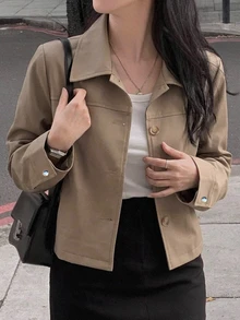 DAZY Solid Color Loose Short Long Sleeve Lapel Casual Street Style Korean Spring Autumn PU Jacket For Women - Khaki - View 2
