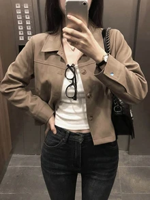 DAZY Solid Color Loose Short Long Sleeve Lapel Casual Street Style Korean Spring Autumn PU Jacket For Women - Khaki - View 3