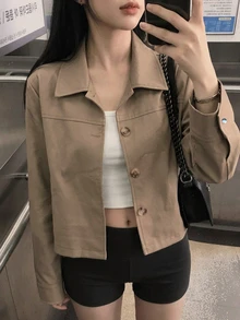 DAZY Solid Color Loose Short Long Sleeve Lapel Casual Street Style Korean Spring Autumn PU Jacket For Women - Khaki - View 7