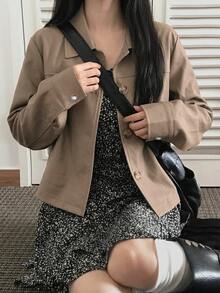 DAZY Solid Color Loose Short Long Sleeve Lapel Casual Street Style Korean Spring Autumn PU Jacket For Women - Khaki - View 8