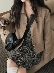 DAZY Solid Color Loose Short Long Sleeve Lapel Casual Street Style Korean Spring Autumn PU Jacket For Women - Khaki - View 4