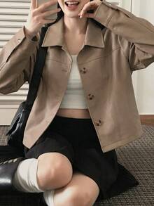 DAZY Solid Color Loose Short Long Sleeve Lapel Casual Street Style Korean Spring Autumn PU Jacket For Women - Khaki - View 5