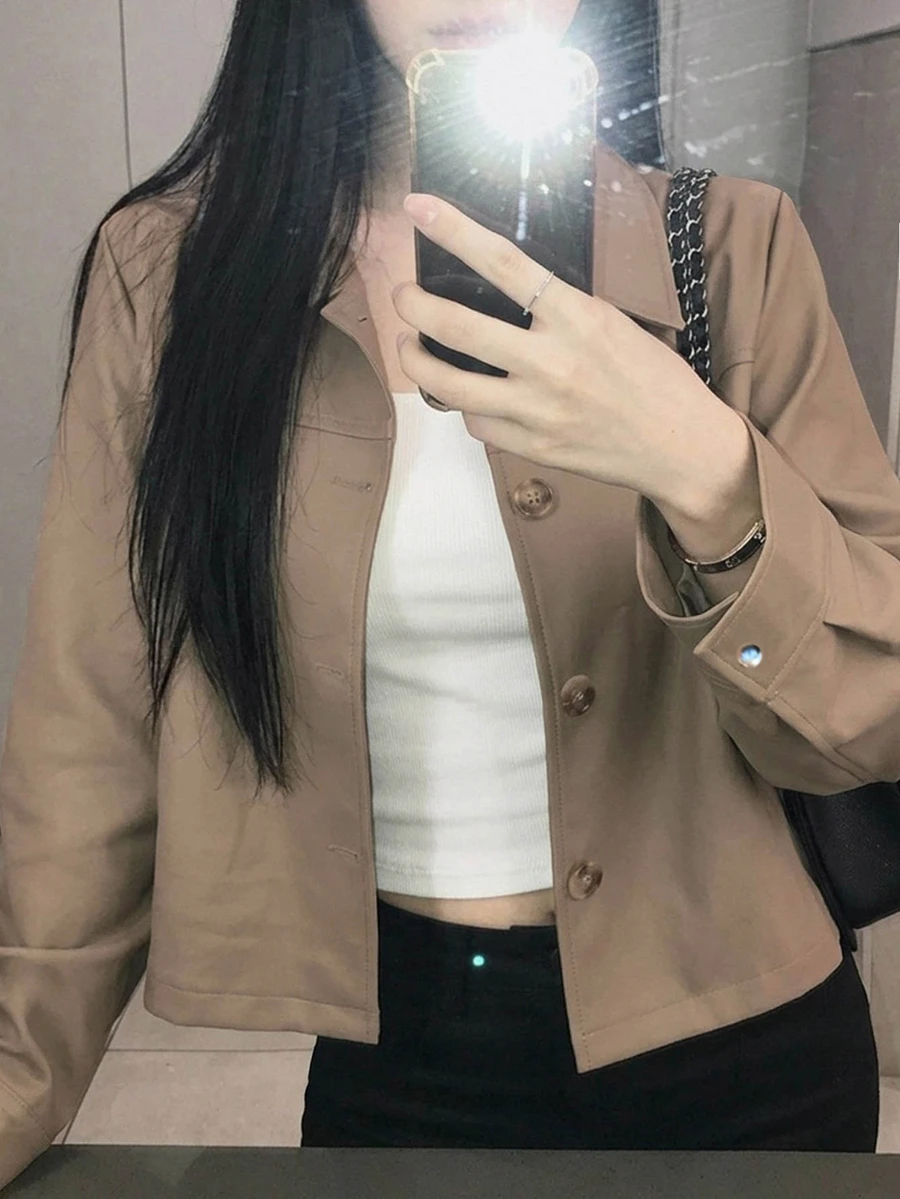 DAZY Solid Color Loose Short Long Sleeve Lapel Casual Street Style Korean Spring Autumn PU Jacket For Women - Khaki - View 1