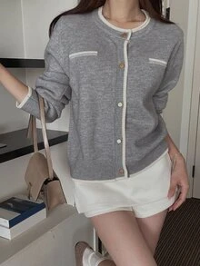 DAZY Women's Colorblock Striped Loose Round Neck Long Sleeve Casual Vacation Korean Style Autumn/Winter Knit Cardigan - Grey - View 6