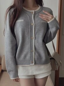 DAZY Women's Colorblock Striped Loose Round Neck Long Sleeve Casual Vacation Korean Style Autumn/Winter Knit Cardigan - Grey - View 4