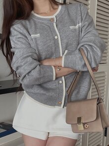 DAZY Women's Colorblock Striped Loose Round Neck Long Sleeve Casual Vacation Korean Style Autumn/Winter Knit Cardigan - Grey - View 7