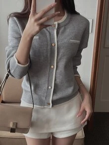 DAZY Women's Colorblock Striped Loose Round Neck Long Sleeve Casual Vacation Korean Style Autumn/Winter Knit Cardigan - Grey - View 8