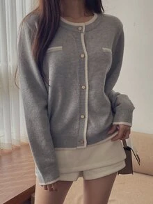 DAZY Women's Colorblock Striped Loose Round Neck Long Sleeve Casual Vacation Korean Style Autumn/Winter Knit Cardigan - Grey - View 2