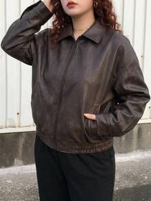 Dazy Plus Women's Brown Winter Casual Hiking Vintage Style Short Faux Leather Jacket,Plus Size Regular Fit Bomber Jacket,Spring & Autumn Fall Women Coats - Brown - View 9