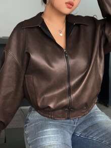 Dazy Plus Women's Brown Winter Casual Hiking Vintage Style Short Faux Leather Jacket,Plus Size Regular Fit Bomber Jacket,Spring & Autumn Fall Women Coats - Brown - View 5