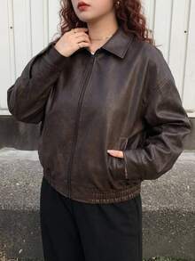 Dazy Plus Women's Brown Winter Casual Hiking Vintage Style Short Faux Leather Jacket,Plus Size Regular Fit Bomber Jacket,Spring & Autumn Fall Women Coats - Brown - View 2