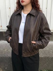 Dazy Plus Women's Brown Winter Casual Hiking Vintage Style Short Faux Leather Jacket,Plus Size Regular Fit Bomber Jacket,Spring & Autumn Fall Women Coats - Brown - View 8
