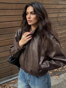 Dazy Plus Women's Brown Winter Casual Hiking Vintage Style Short Faux Leather Jacket,Plus Size Regular Fit Bomber Jacket,Spring & Autumn Fall Women Coats - Brown - View 12