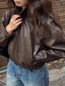 Dazy Plus Women's Brown Winter Casual Hiking Vintage Style Short Faux Leather Jacket,Plus Size Regular Fit Bomber Jacket,Spring & Autumn Fall Women Coats - Brown - View 1