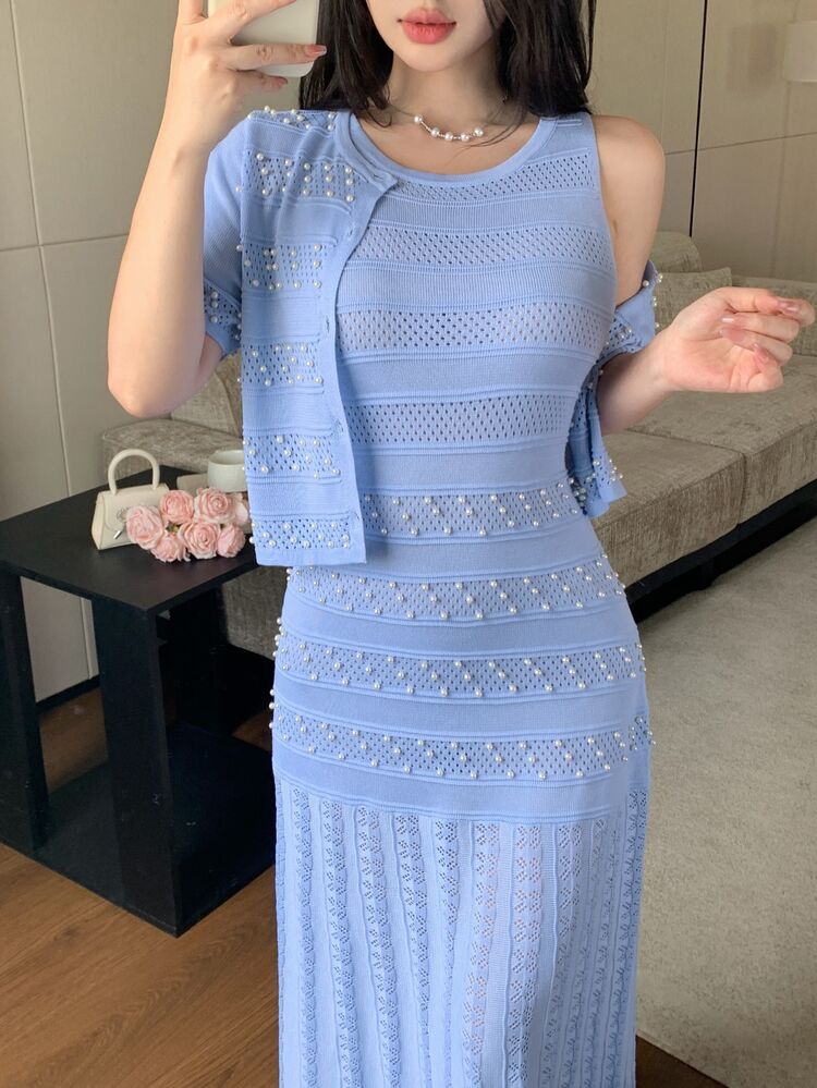 Modelyn Women's Faux Pearl Decorated Short Sleeve Knit Cardigan And Knit Skirt 2 Pieces Set - Baby Blue - View 3